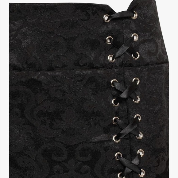 Brocade Black Maxi Skirt with Ruffled Slit and Lace Up Detail - Picture 3 of 3